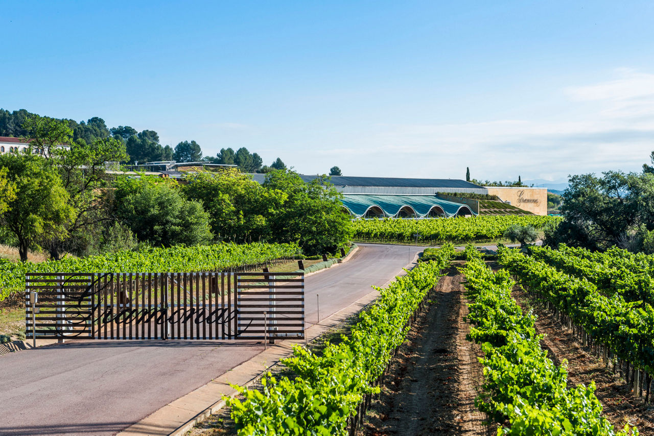 Entrada de la finca del celler Gramona, a Sant Sadurní d'Anoia, envoltat per les seves vinyes.