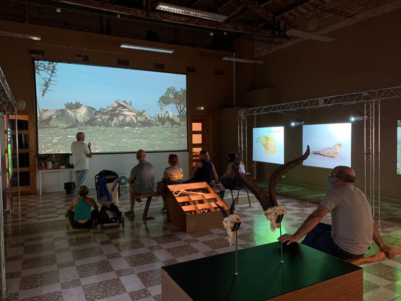 Grup de gent visitant l'exposició "La Vida als Ports" al Centre de Visitants del Parc al Montsià (La Sénia).
