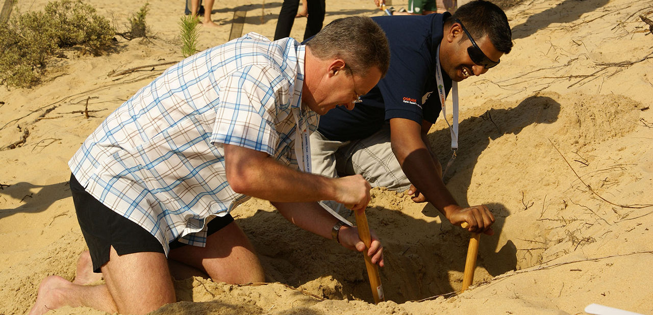 Dos homes caven un forat per plantar un arbre durant l'activitat de teambulding d'Exploramás per a reforestar un espai natural. 